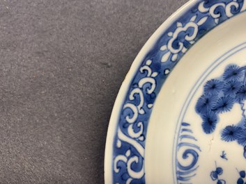 A Chinese blue and white 'Shou' plate with the 'Three friends of winter', Tianqi/Chongzhen